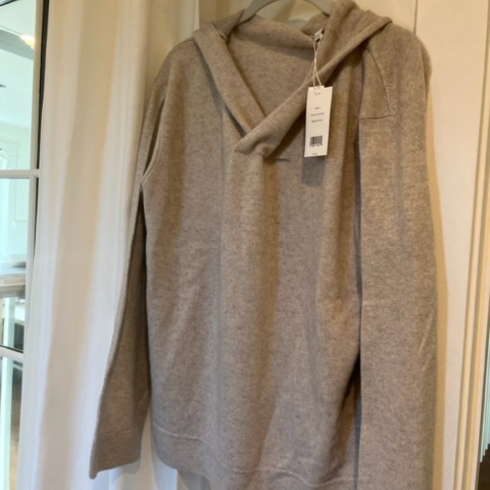 NWT Vince Wool Cashmere Cross Front Hoodie Sweater, Size XL, Heather Cobblestone